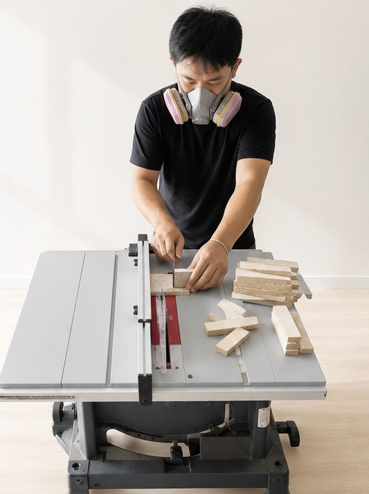 Mycelium composite blocks being cut on a table saw