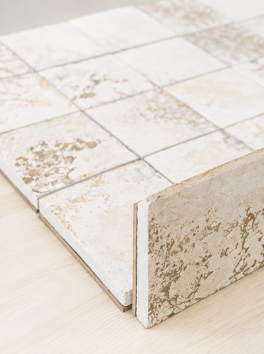 Mycelium composite tile grid with cross-section sample